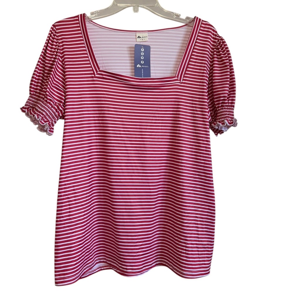 Misifi Red White Striped Square Neck Puff Sleeve Top L Smocked Ruffle Cuff NWT